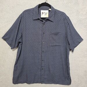 Vintage Silk Mens Blue Black Button Up Short Sleeve Shirt Size Large 100% Silk